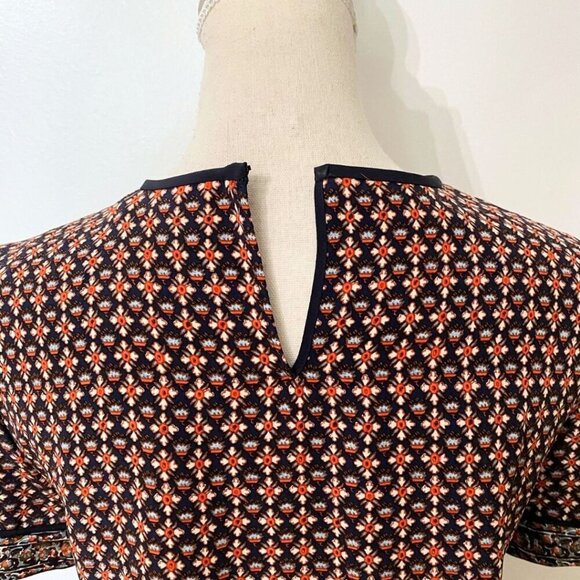 TORY BURCH 100% SILK SHORT SLEEVE BOXY TOP IN ORANGE BLUE FLORAL GEO PATTERN - 2 - Picture 6 of 10